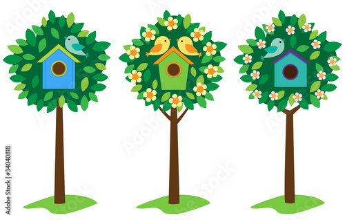 Little birds and birdhouses on trees.