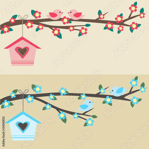 Cards with couples of birds sitting on branches and birdhouses.