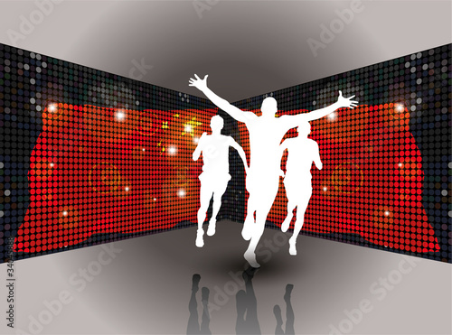 man winning  race in front of mirrored chines flags.