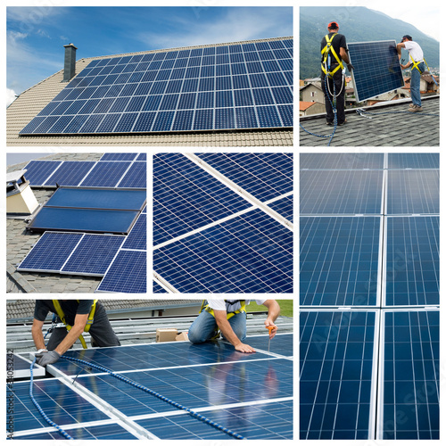 Solar panels installing - collage