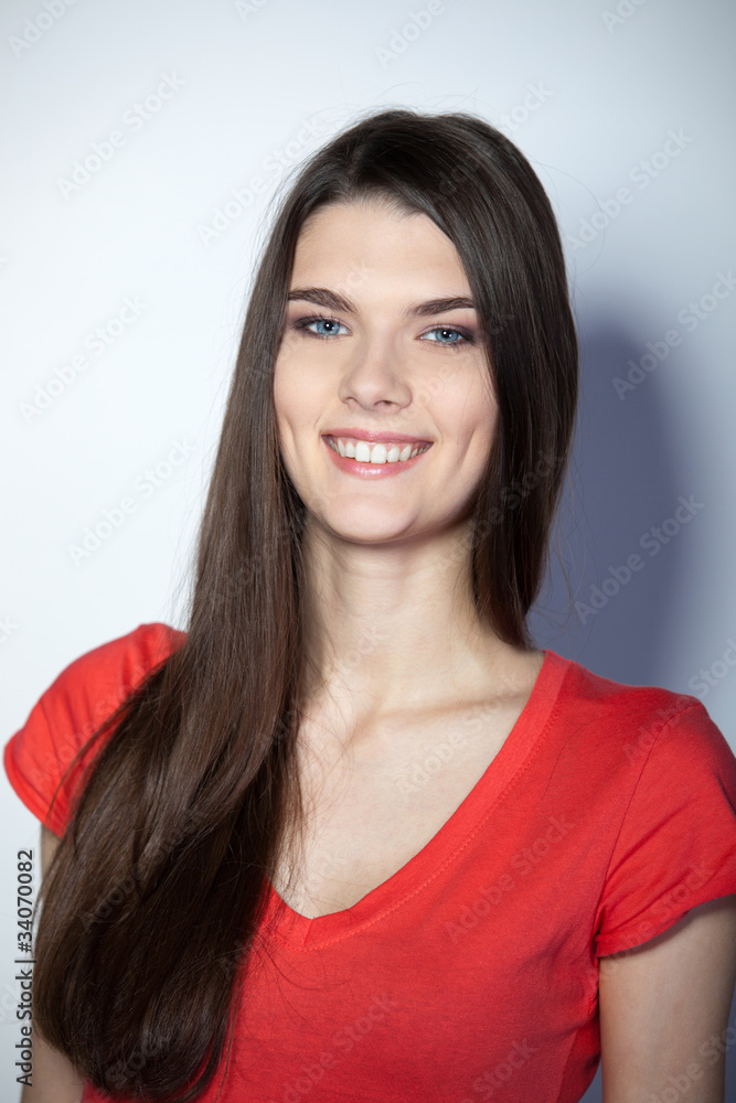 Closeup portrait of young smiley female isolated on white Closeup portrait of young smiley female isolated on white