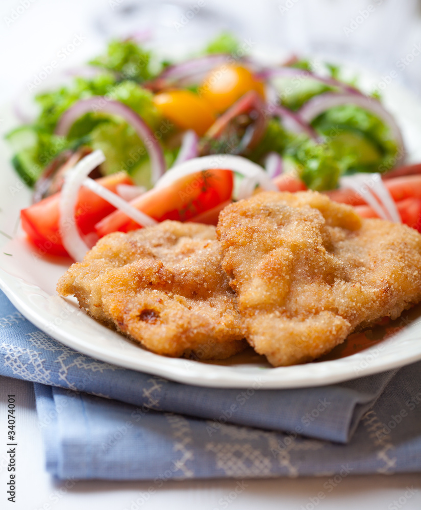 Schnitzel with vegetable salad on a plate