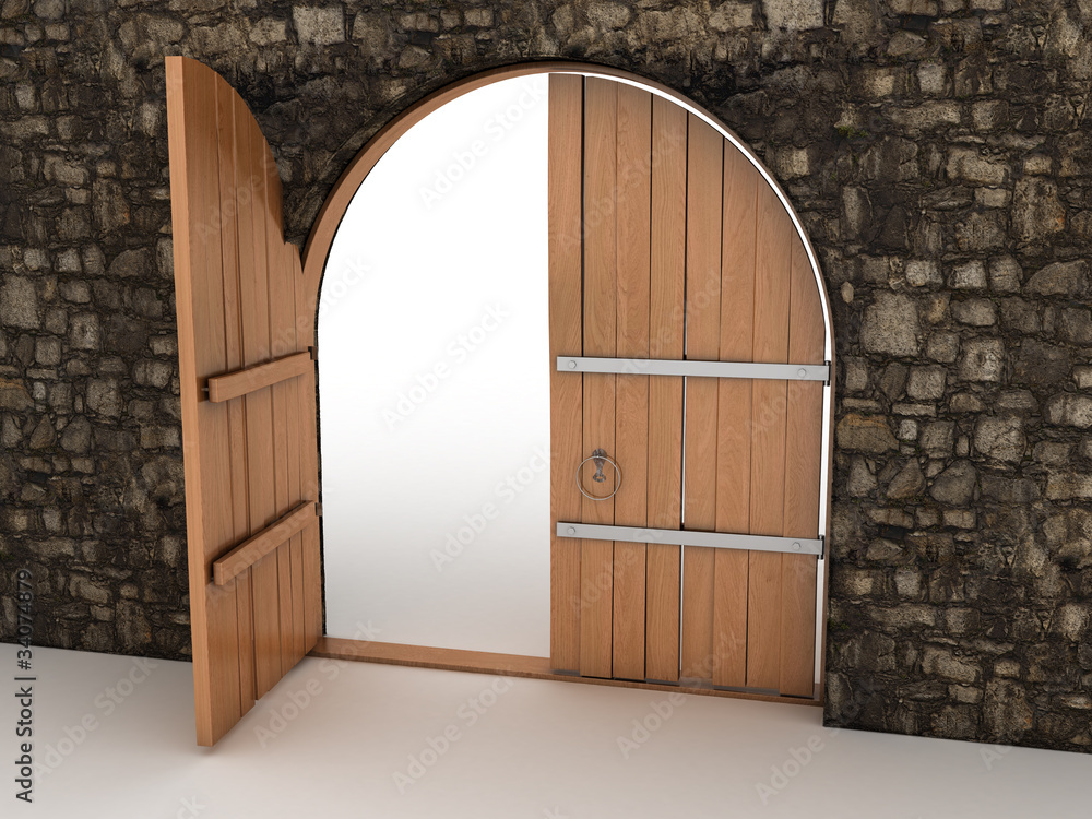Open wooden doors in the fortress of stone Open wooden doors in the fortress of stone
