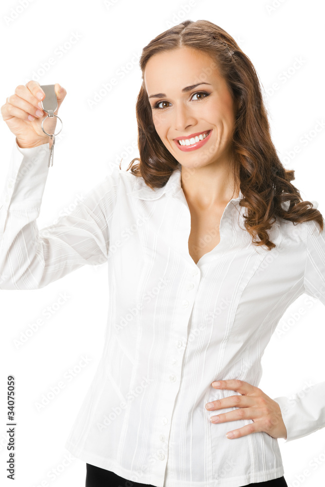 Business woman or real estate agent showing keys, isolated Business woman or real estate agent showing keys, isolated