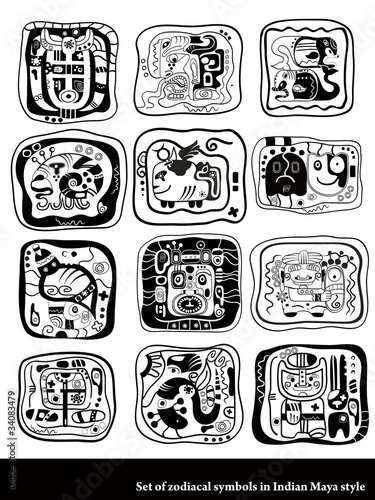 Set of graphic zodiacal symbols in Indian Maya style.