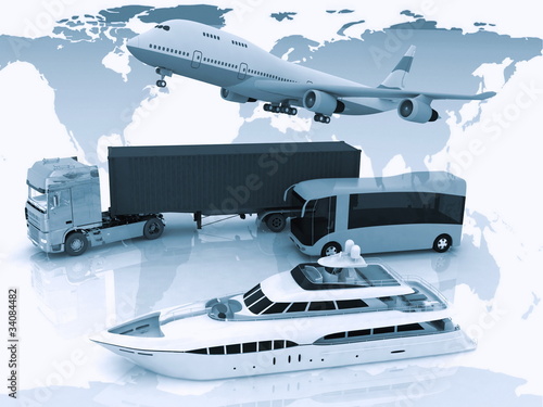 types of transport  on a background map of the world