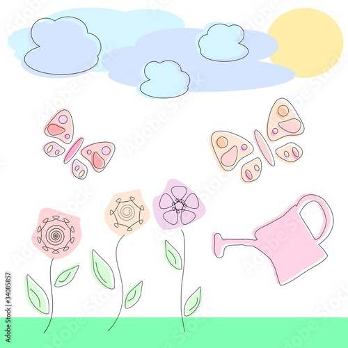 Summer garden abstract illustration with flowers & watering can