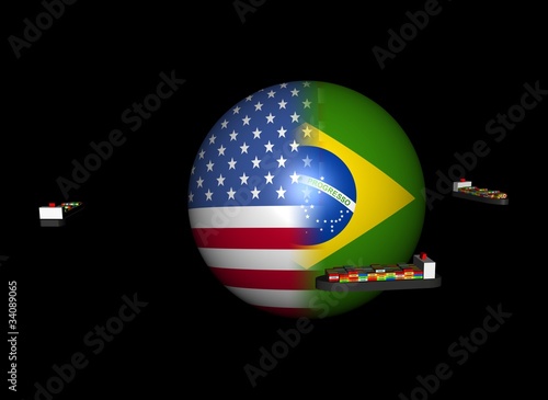 Container ships around USA Brazil flag sphere illustration