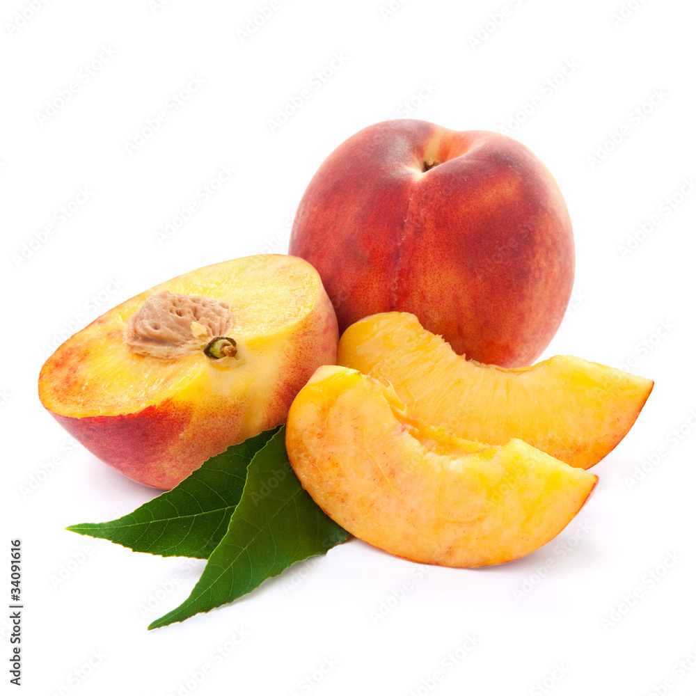 fresh peach fruits and half. Isolated on white background fresh peach fruits and half. Isolated on white background