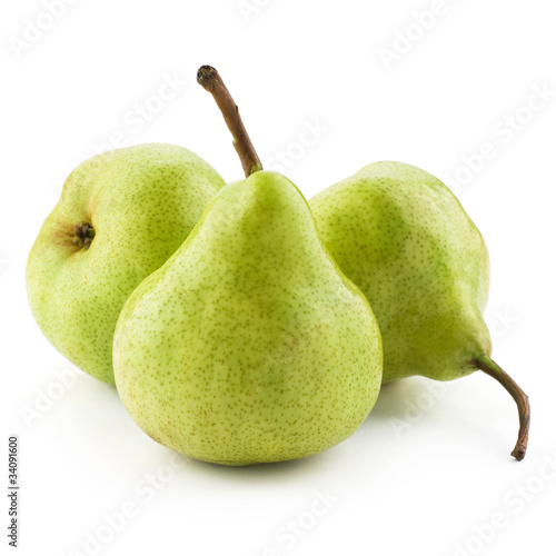 three green pears isolated on white background