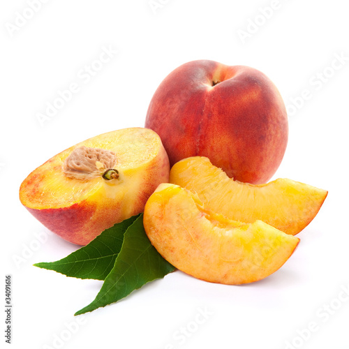fresh peach fruits and half. Isolated on white background