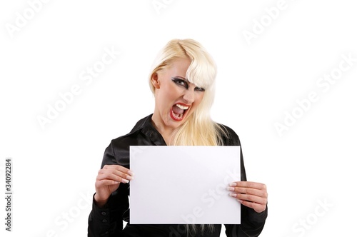 crying woman with blank panel for advertising or text on white