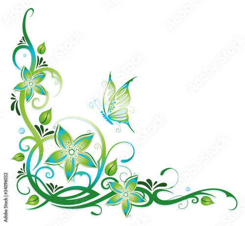 Ranke, flora, Blumen, Blüten, Schmetterling, grün, blau