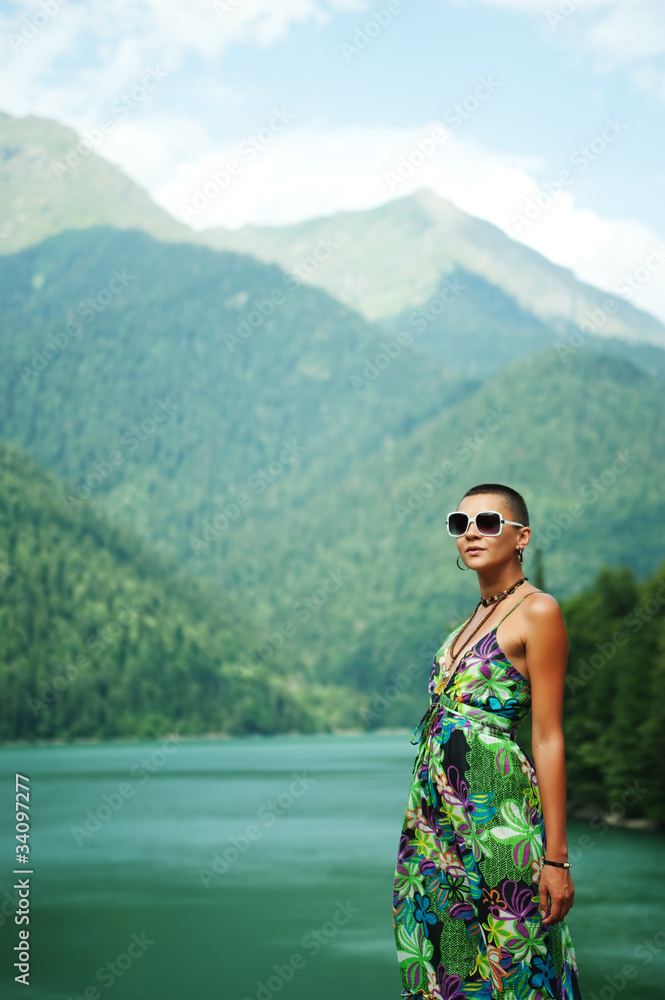 girl in mountains on the lake girl in mountains on the lake