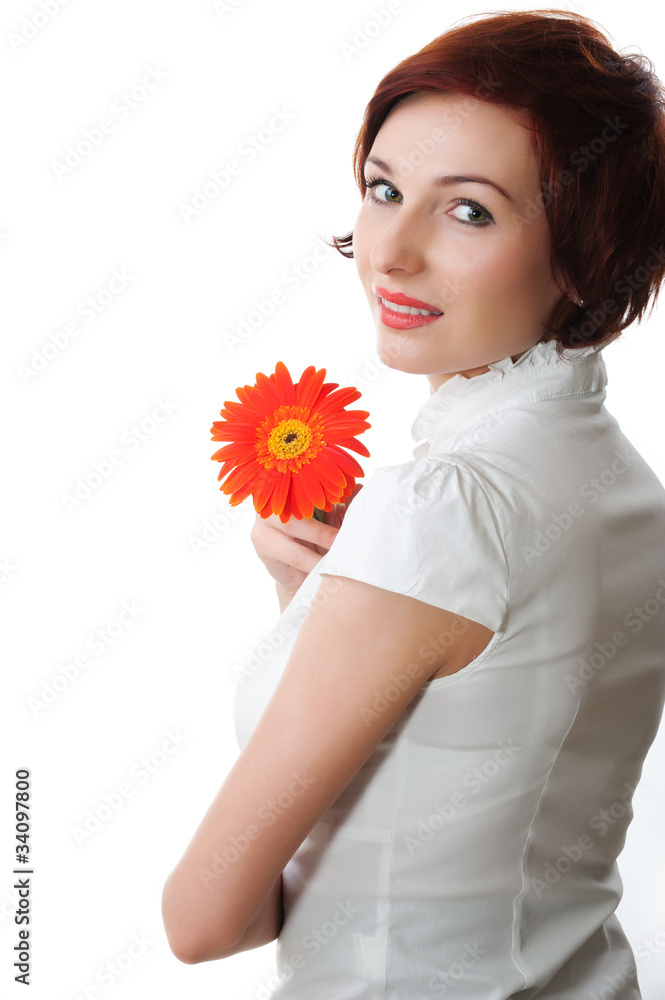 Beautiful woman with flower in her hands against white backgroun
