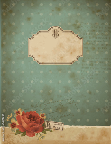 vintage background or greeting card with stained paper and rose