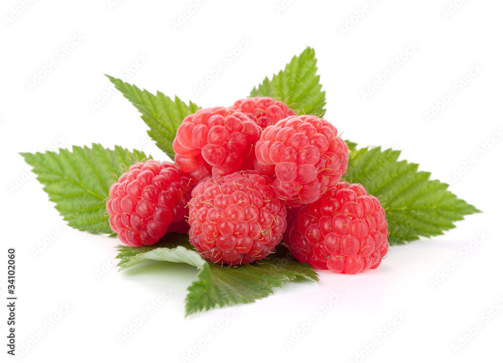 Fresh raspberries heap on leaves Fresh raspberries heap on leaves