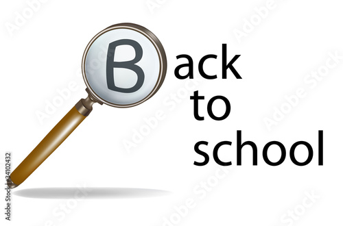 Back to school text with magnifying glass. Vector.