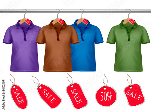 Clothes hanger with shirts with price tags. Vector.