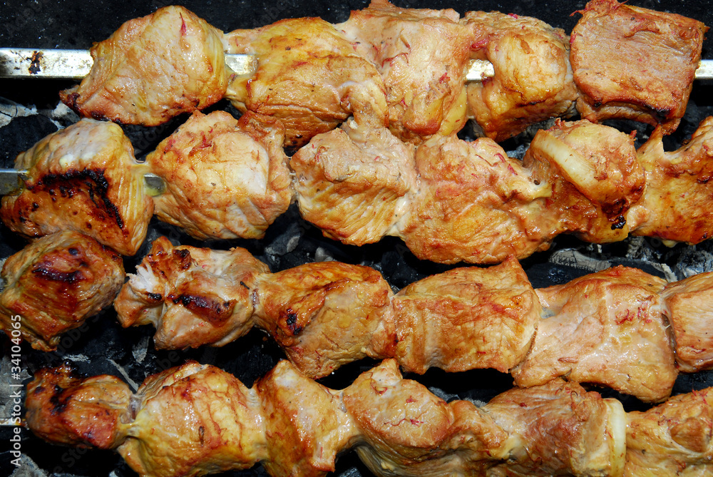 Pork pieces baked on a brazier