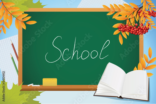 school autumn background with blackboard, book and yellow leves,