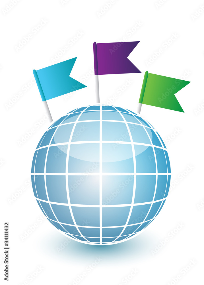 Blue globe and flag pins over white Blue globe and flag pins over white