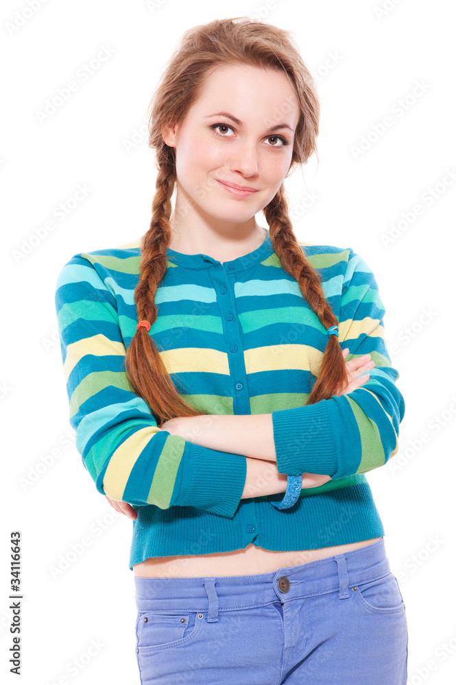 smiley woman with two braids smiley woman with two braids