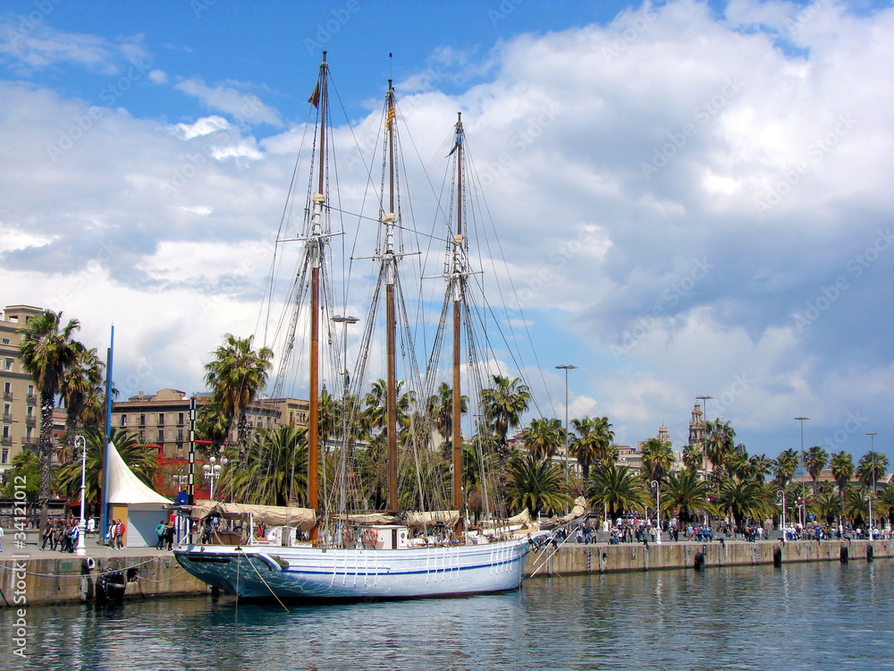 sailing ship in port of Barcelona, Port Vell, Spain