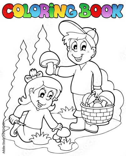 Coloring book with kids mushrooming