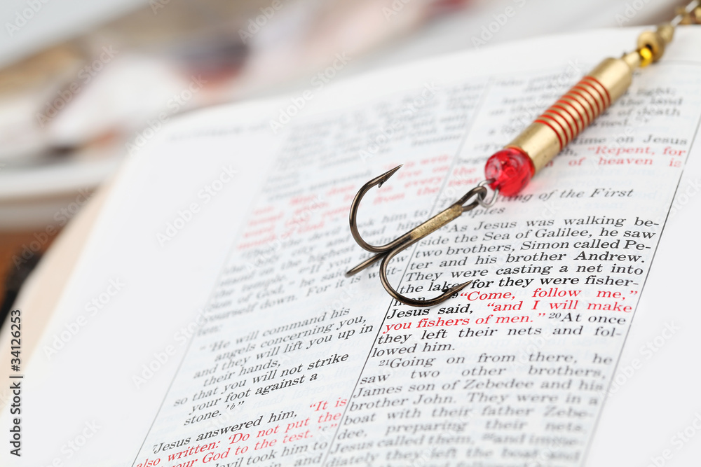 Naklejka premium Fishing hook on Matthew 4:19 - fishers of men