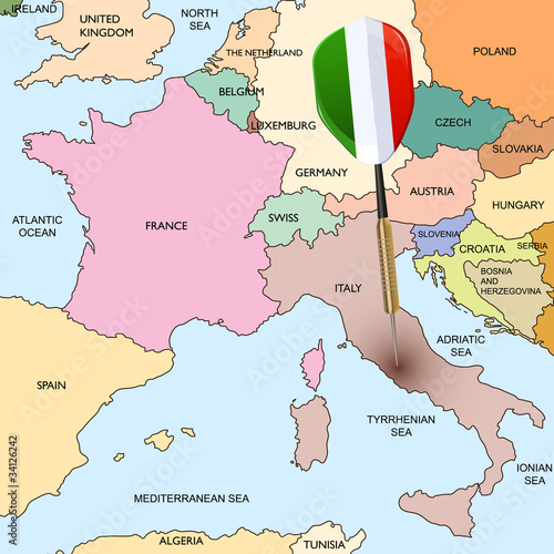 Target - Italy. Dart hitting in Italy on the Europe map.
