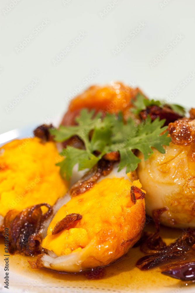 Fried eggs topped with sweet sauce Fried eggs topped with sweet sauce