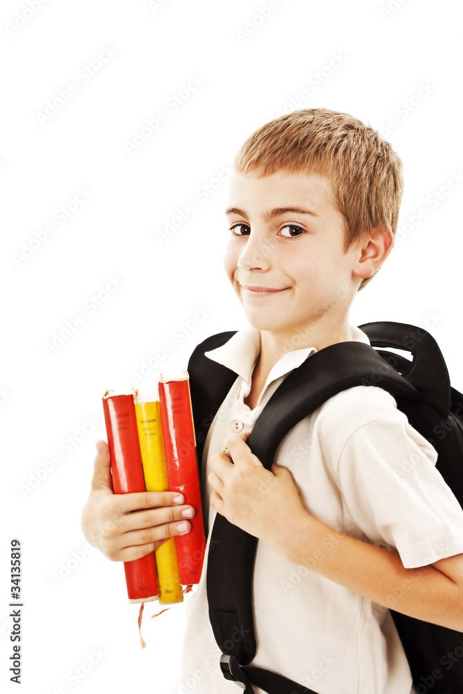 Portrait of smiling schoolboy with rucksack holding books Portrait of smiling schoolboy with rucksack holding books