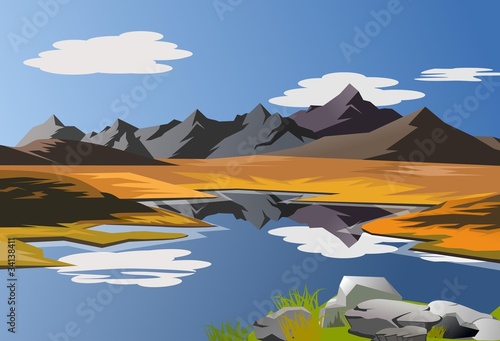 An illustration of scenic landscape with mountains and blue sky