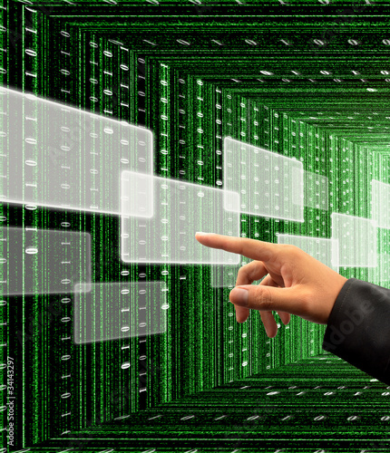 hand pushing a button on a touch screen interface