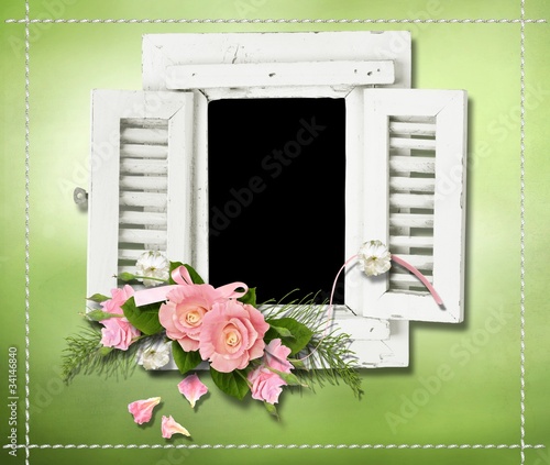 cadre fenêtre roses fond anis