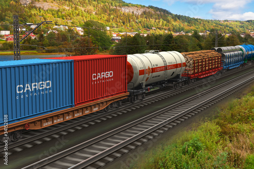 Freight train passing by mountain range photo