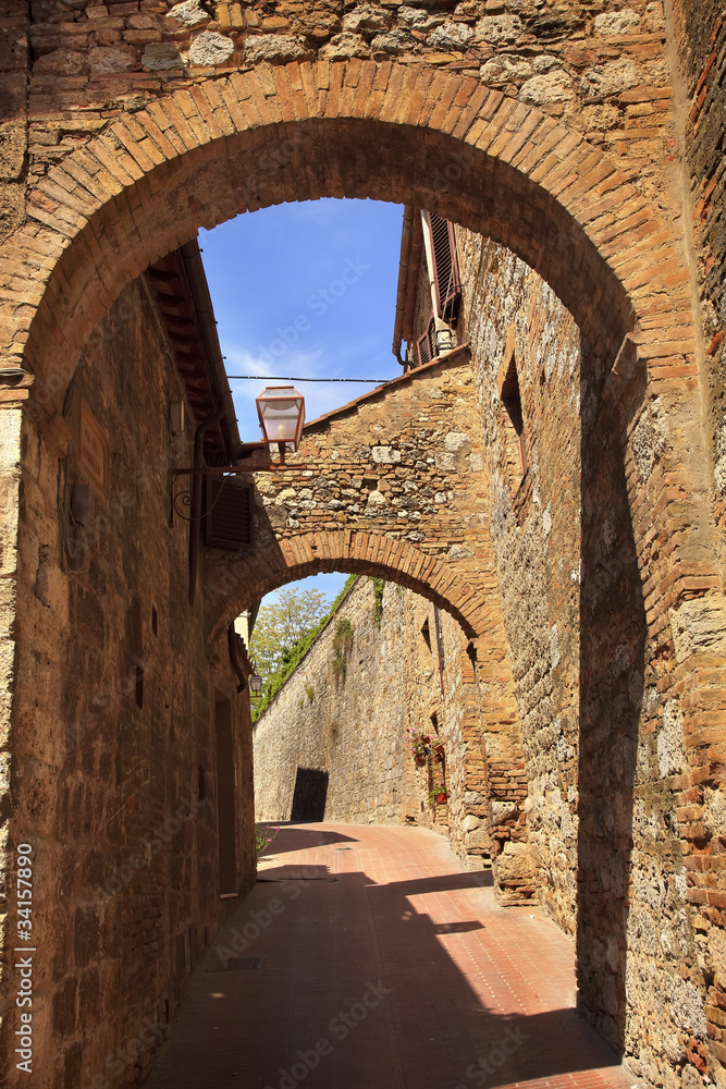 Ancient Stone Arches Medieval Town San Gimignano Tuscany Italy