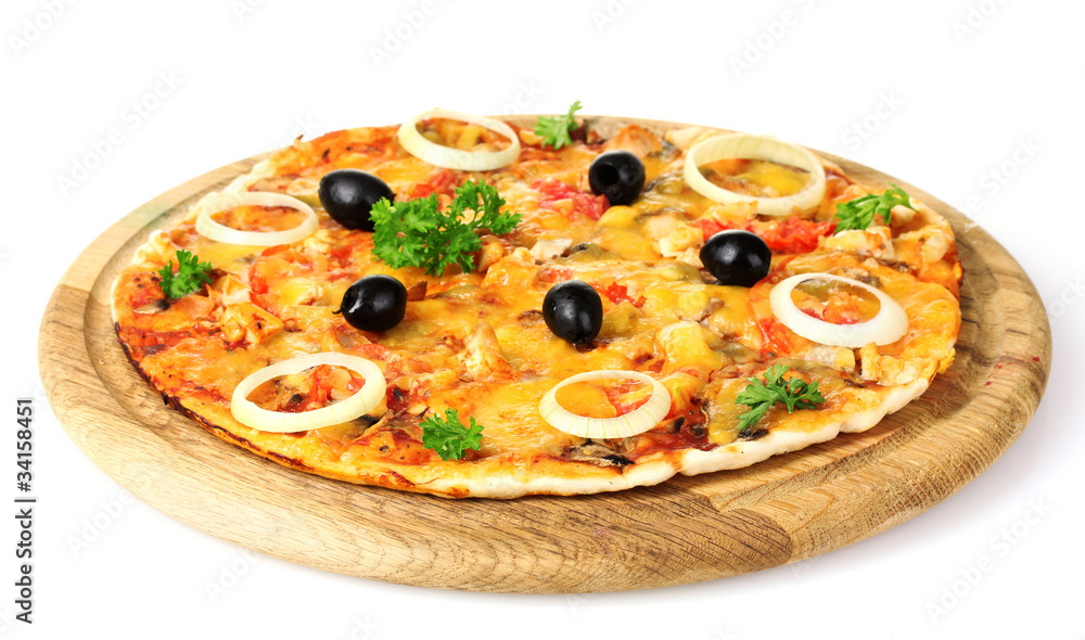 tasty pizza with olives on wooden stand isolated on white