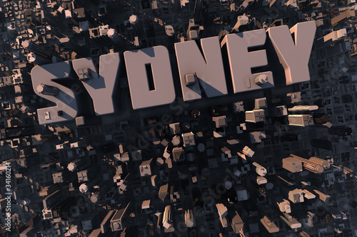 Luftaufnahme einer Stadt in 3D mit Schriftzug Sydney