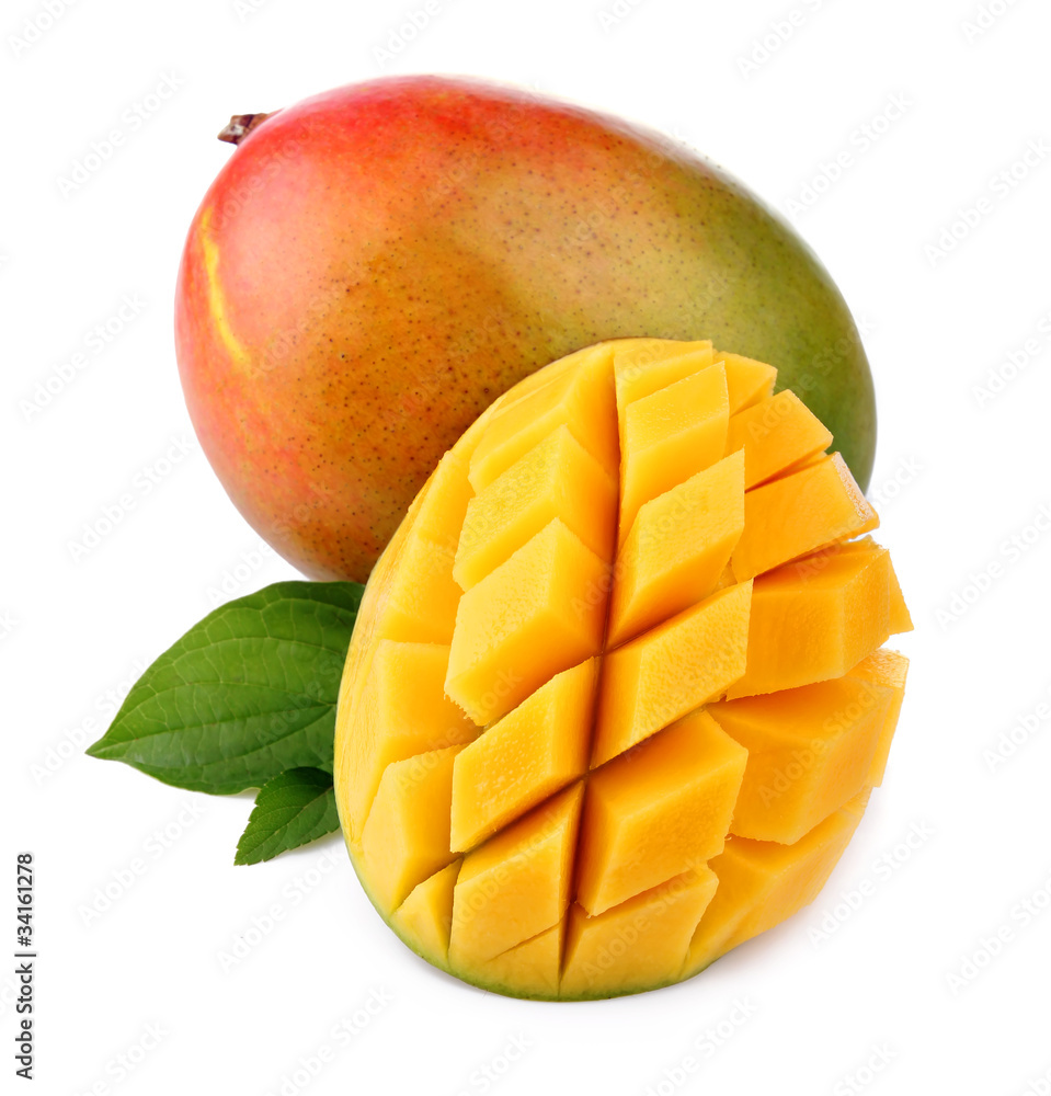 Fresh mango fruit with cut and green leafs isolated Fresh mango fruit with cut and green leafs isolated