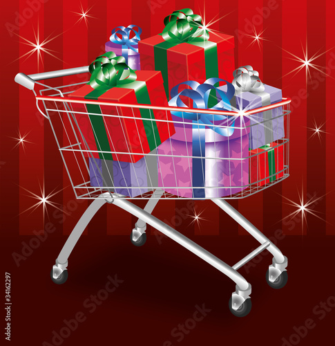Christmas shopping cart on red background