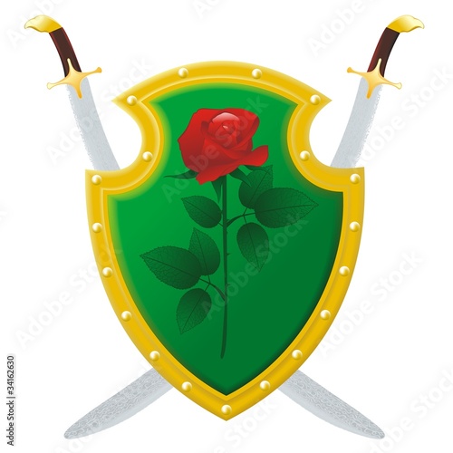 couple saber and shield with red rose