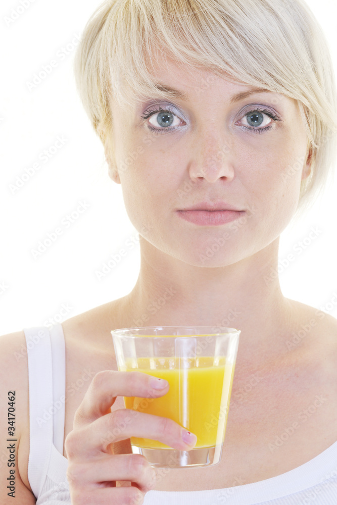 Young woman drinking orange juice isolated over white background Young woman drinking orange juice isolated over white background