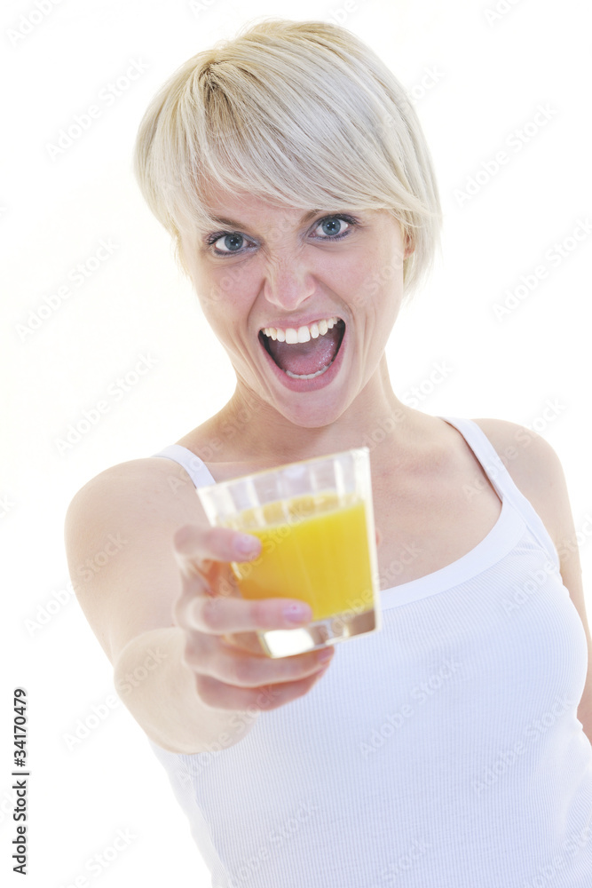 Young woman drinking orange juice isolated over white background Young woman drinking orange juice isolated over white background