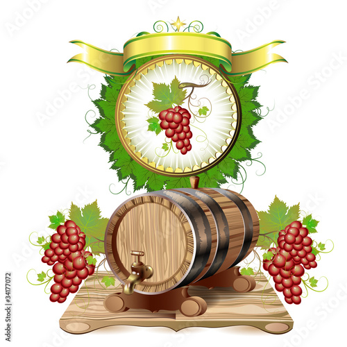 Wine barrel with purple grapes