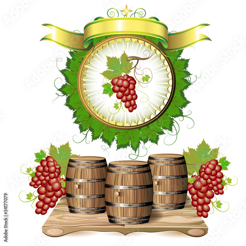 Wine barrel with purple grapes