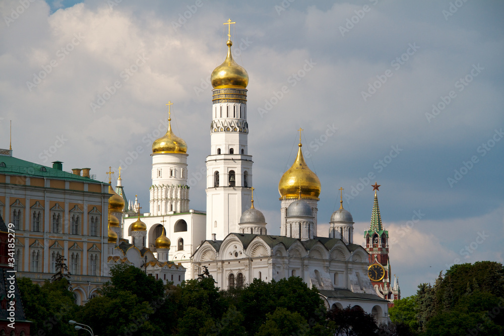 View of Moscow Kremlin with golden domes and Spasskaya tower