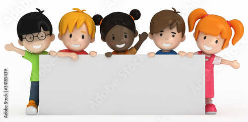 3D Render of Kids and Blank Board #34185439