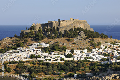 View over iconic town and Acropolis of Lindos